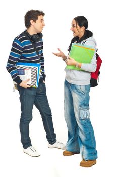 Full length of students couple having conversation isolated on white background