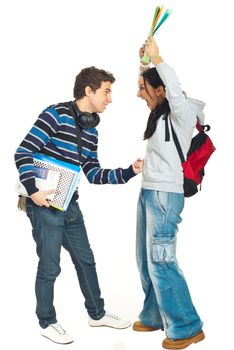 Students man and female playing fight isolated on white background