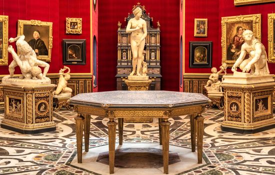 Florence, Italy - Circa August 2021: the Tribuna room was the first nucleus of the Uffizi Gallery.
