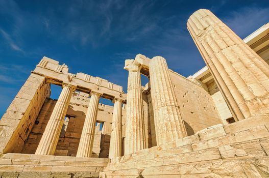 Propylaea, the entrance of the Acropolis of Athens on a Summer day. View of Propylaea at Acropolis of Athens, Greece