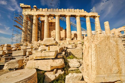 Parthenon temple on a bright day. Acropolis in Athens, Greece..