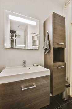 Interior of modern bathroom with rectangular mirror and clean sinks in front of shower cabin in modern washroom