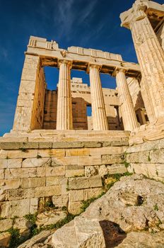 Propylaea, the entrance of the Acropolis of Athens on a Summer day. View of Propylaea at Acropolis of Athens, Greece
