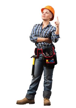 Beautiful female professional builder in hardhat with finger pointing upward. Portrait of young woman in checkered blue shirt isolated on white background. Industrial architecture and construction