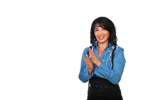 Beautiful happy business woman applauding and laughing isolated on white background,copy space for text message in left part of image