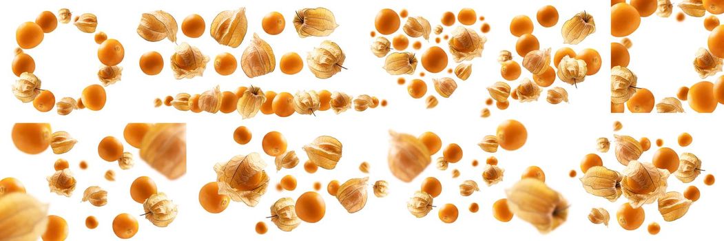 A set of photos. Physalis berries levitate on a white background.