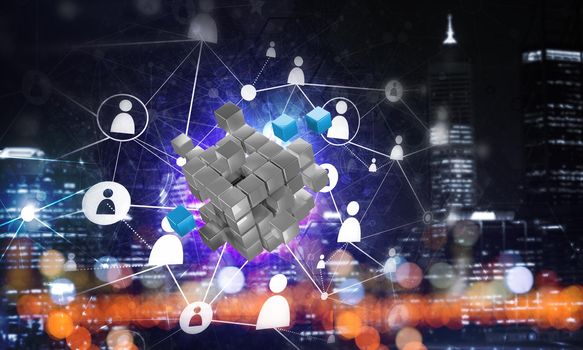 Conceptual background image with cube figure and social connection lines. 3d rendering