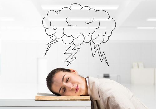 Exhausted business woman sleeping on desk. Cloud with lightning above head. Tired corporate employee relaxing in office. Difficult situation at workplace. Deadline and overwork concept.