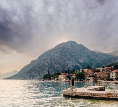 Fishing boat on an oyster farm in the Bay of Kotor, Montenegro. High quality photo.