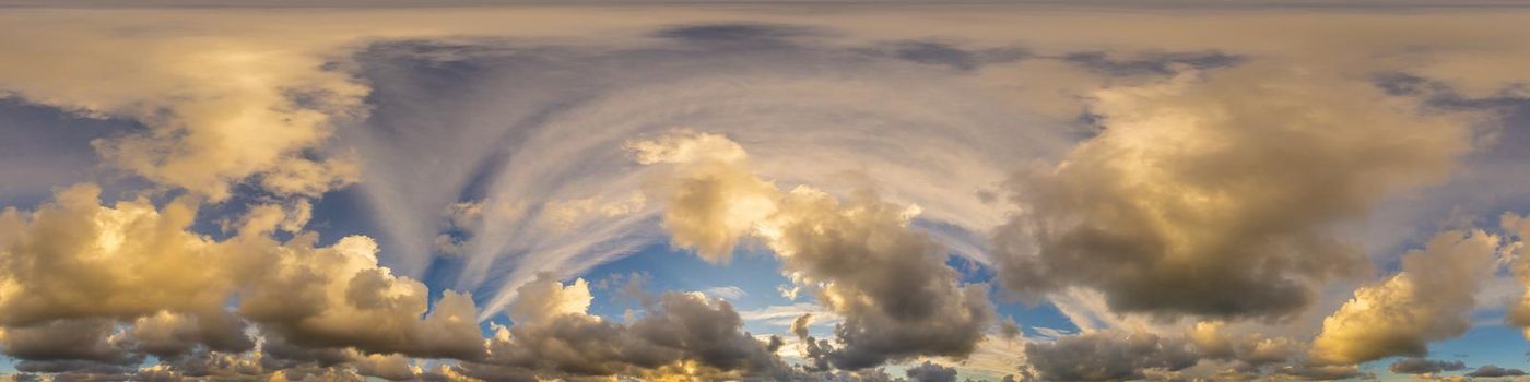 Dark blue twilight sky panorama with Cumulus clouds. Seamless hdr 360 panorama in spherical equiangular format. Full zenith or sky dome for 3D visualization, sky replacement for aerial drone panoramas