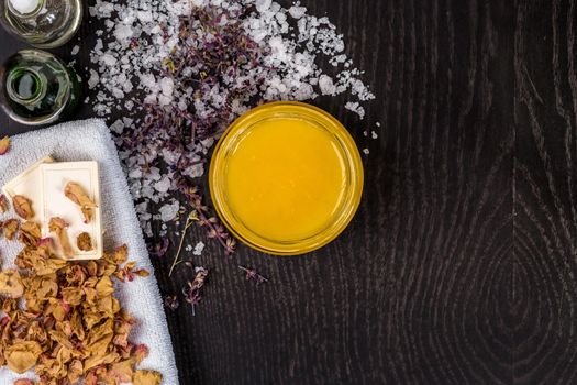 Spa cosmetics with honey and lavender. Top view. Still life. Copy space