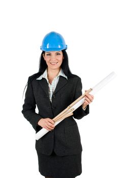 Young woman architect with blue hardhat and project