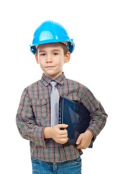 Small architect boy holding a laptop and wearing blue hard hat isolated on white background