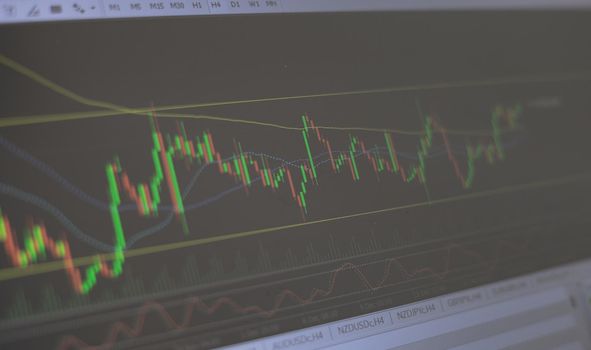 Cryptocurrency stock chart concept. Stock quotes. Online trading screen mock up. Candle stick graph chart with indicator showing bullish point or bearish point. Stock market or stock exchange trading.