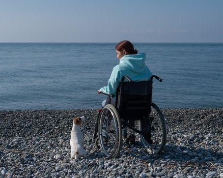 Caucasian woman sitting in a wheelchair with a dog on the seashore