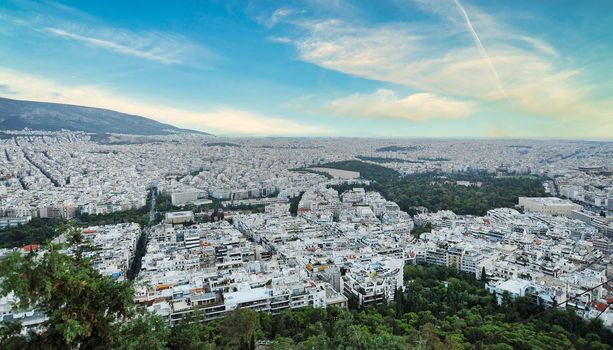 Cityscape of Athens and Lycabettus Hill in the background, Athens, Greece.