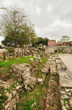 Remains of the Hadrian's Library in Monastiraki square in Athens, Greece.Ancient Greek history, popular monument with historical interest