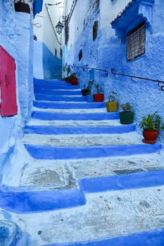 A Street in Blue Chefchaouen City, Morocco