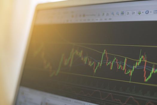 Cryptocurrency stock chart concept. Stock quotes. Online trading screen mock up. Candle stick graph chart with indicator showing bullish point or bearish point. Stock market or stock exchange trading.