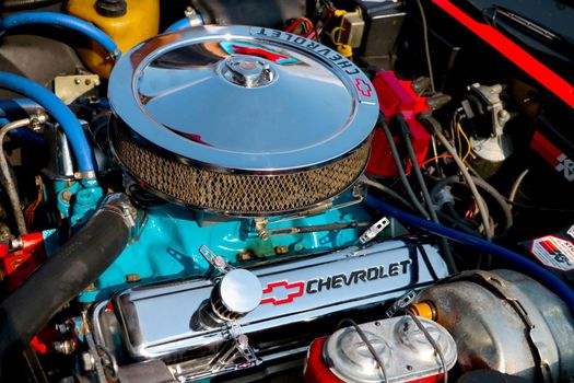 Wroclaw, Poland, August 22, 2021: engine compartment of a Chevrolet car