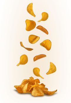 Tasty potato crisps falling down, isolated on white background with copy space for your text or images. Crispy, palatable chips. Shadow. Advertising concept. Close-up shot.