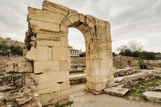 Remains of the Hadrian's Library in Monastiraki square in Athens, Greece.Ancient Greek history, popular monument with historical interest