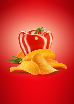 Fresh, red, bell pepper or bulgarian pepper with chips or crisps and green onion on a red background with copy space for text or images. Tasty vegetable. Advertising concept. Close-up shot.