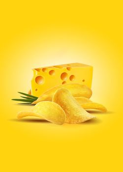 Piece of a delicious, fresh cheese with chips or crisps and green onion on a yellow background with copy space for text or images. Advertising concept. Close-up shot.