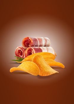 Palatable slices of a rolled bacon with chips or crisps and green onion on brown background with copy space for text or images. Type of salt-cured pork. Advertising concept. Close-up shot.