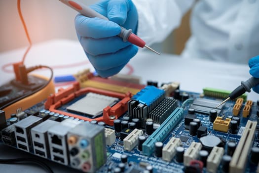 technician repairing inside of hard disk by soldering iron. Integrated Circuit. the concept of data, hardware, technician and technology.