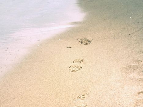 Footprint and animal prints in orange beach  sand. Summer image of kids small foot signs in the wet golden sand 