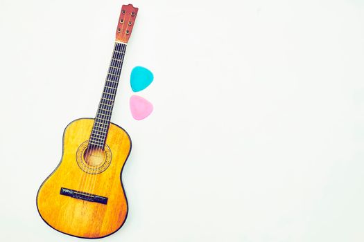 a stringed musical instrument, with a fretted fingerboard, typically incurved sides, and six or twelve strings, played by plucking or strumming with the fingers or a plectrum.