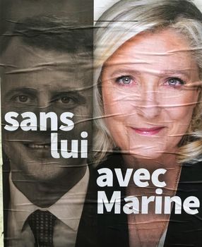 PARIS, FRANCE - APRIL 13, 2022 : The banners with candidates for President elections