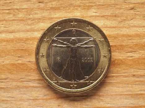 one euro coin, Italian side showing the Vitruvian man drawing by Leonardo da Vinci, currency of Italy, European Union