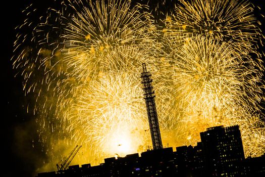 Yokohama cityscape and fireworks (Minato Mirai Smart Festival). Shooting Location: Yokohama-city kanagawa prefecture