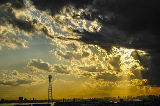 Tokyo cityscape surrounded by dusk and Mt. Fuji. Shooting Location: Tokyo metropolitan area