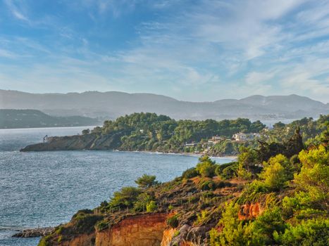 View of beautiful beach with rock cliffs on Kefalonia island, Greece..