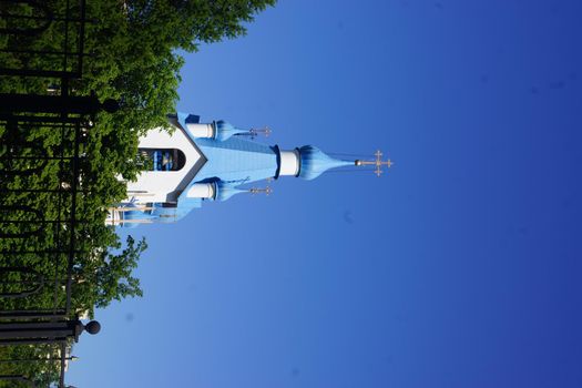 Beautiful church Steeple against the sky, architectural, copy space, historic