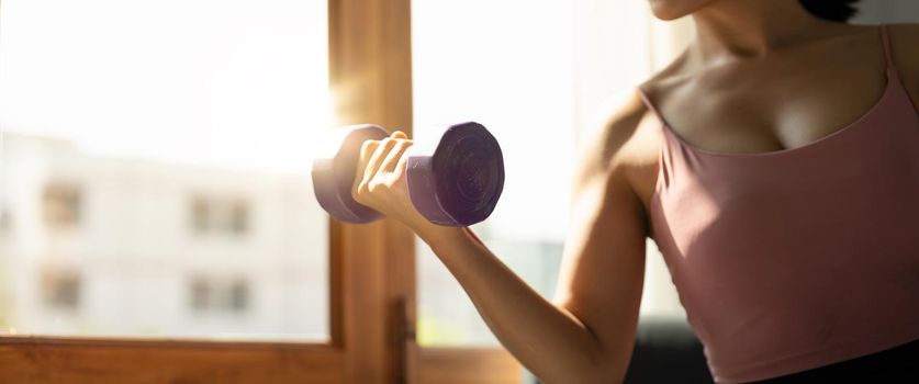 Close up of young asian woman lifting dumbbells at home.