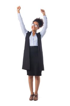 Full body portrait of a young mixed race black business woman smiling on isolated white background