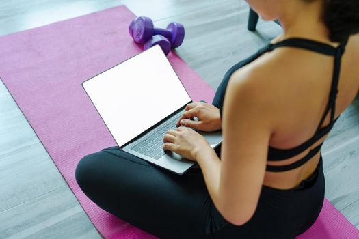 stress relief, muscle relaxation, breathing exercises, exercise, meditation, Young Asian woman relaxing her body from office work by practicing yoga by watching online tutorials