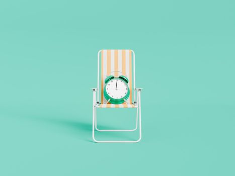 Round alarm clock placed on deckchair with white and orange straps on green background during summer vacation in light studio. 3d rendering