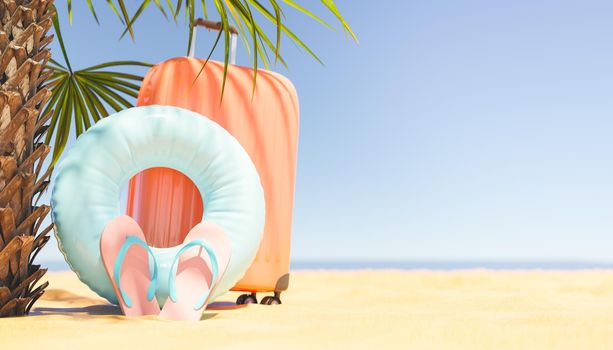 Flip flops and inflatable ring placed near luggage on sandy shore with palm trees near sea on sunny summer day in tropical resort. 3d rendering