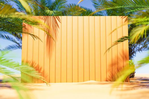 Orange wooden wall placed on sandy shore with lush green exotic palm trees in tropical resort on sunny summer day. 3d rendering