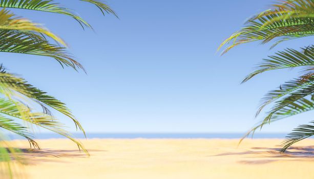 Tall lush exotic palms on sandy shore near sea against cloudless blue sky in coastal area of tropical resort on summer day. 3d rendering