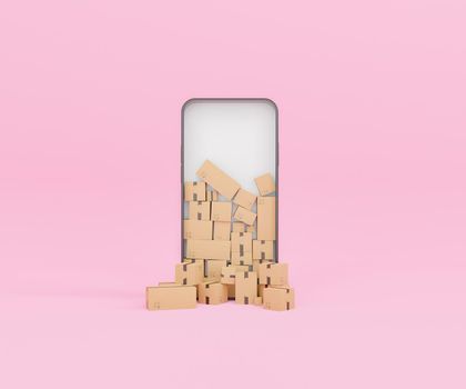 Cellphone frame with stack of cardboard boxes with different shapes representing phone data storage placed on pink background in light studio. 3d rendering