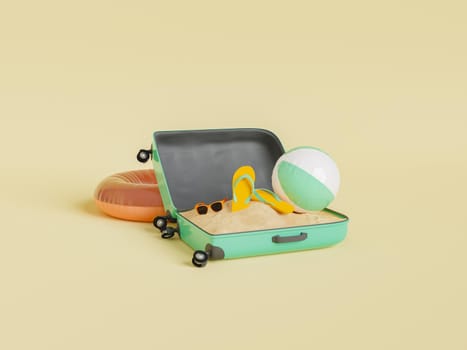 Opened green luggage with flip flops and ball on sand placed on yellow background with inflatable orange ring during summer vacation. 3d rendering