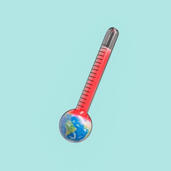 Glass thermometer with red hot maximum temperature on round planet Earth representing global warming problem against light background in studio. 3d rendering