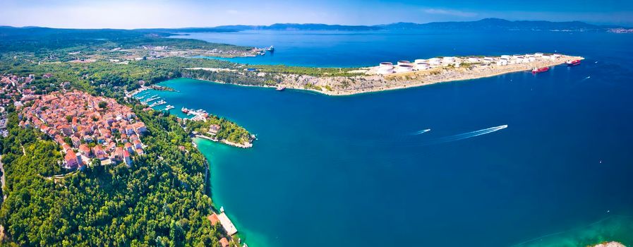 Town of Omisalj and LNG terminal aerial panoramic view, Island of Krk, Croatia
