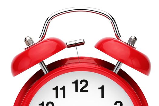 A pair of alarm bells on a red retro alarm clock